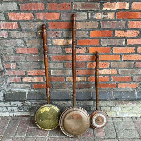 Three vintage copper & brass bed pan warmers