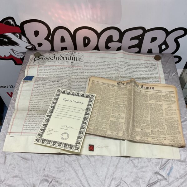 1932 the times newspaper with certificate & an 1862 indenture deed