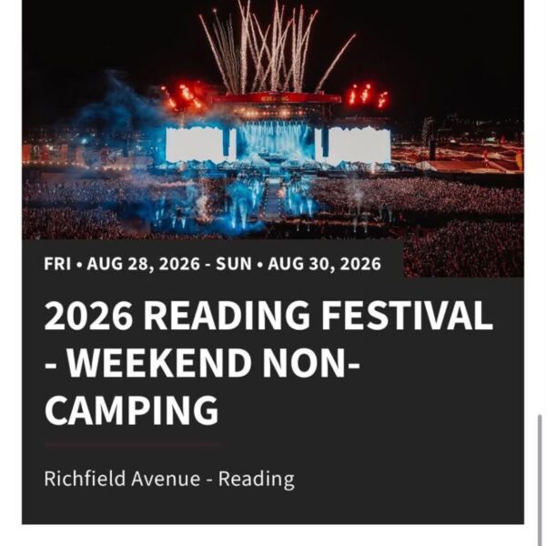 1x full weekend non-camping ticket for Reading festival Friday August 28th - Sunday August 30th, legitimate sale from trusted seller - ticket is digital and will be emailed by ourselves to winning bidder