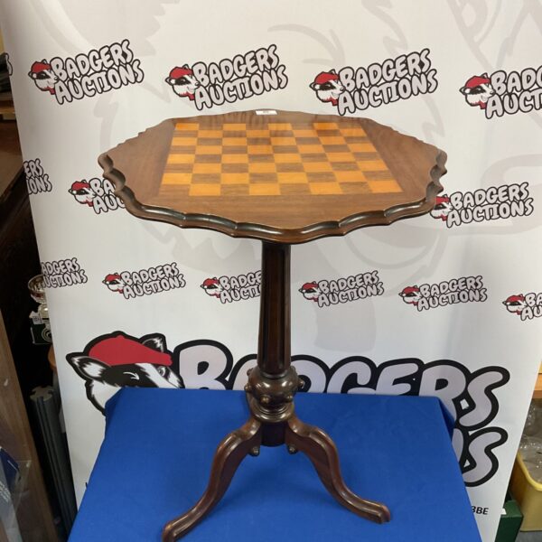 Vintage mahogany inlaid tri legged chess table