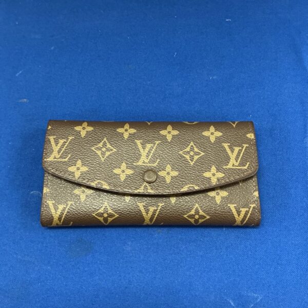 Brown patterned Louis Vuitton style clutch purse, vintage design.