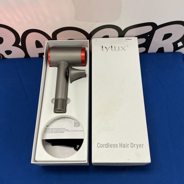 Lylux cordless hair dryer in silver, showing its sleek design.