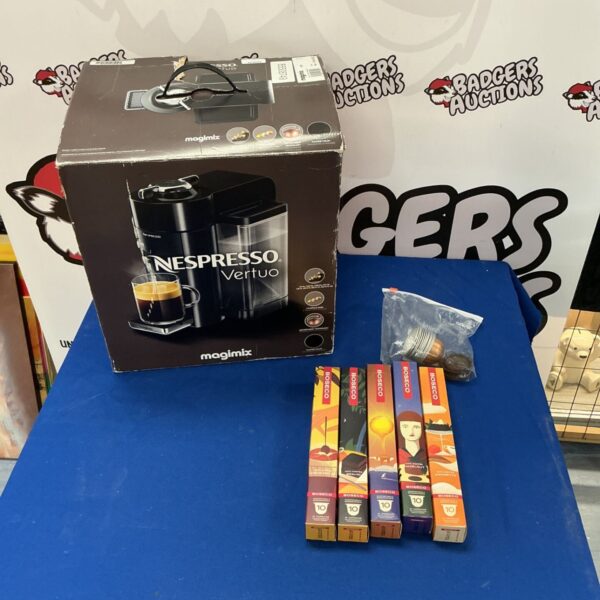 Magimix Nespresso Vertuo machine with Boseco coffee pods in box.