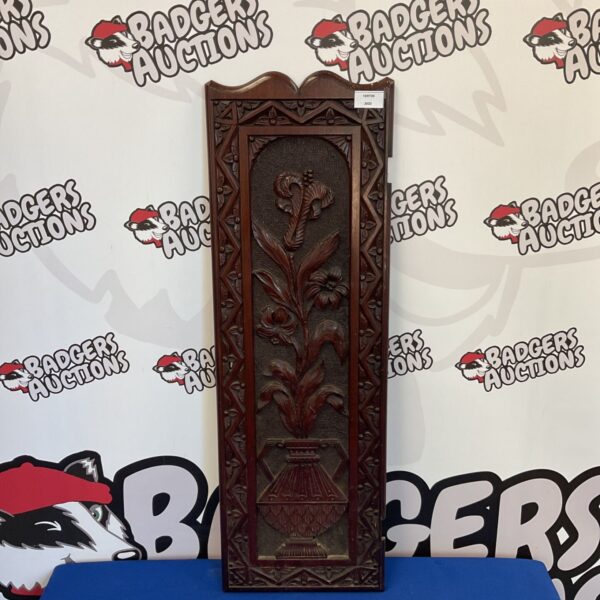 Vintage mahogany panel with carved still life fruit and foliage.