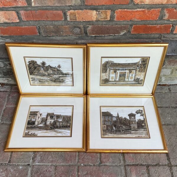 Vintage Malaysian watercolour painting of a Malacca street scene.