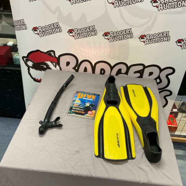 Yellow Mares divers flippers and air pipe for underwater use.
