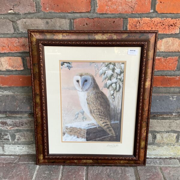 Signed Mark Chester barn owl print in a wooden frame.