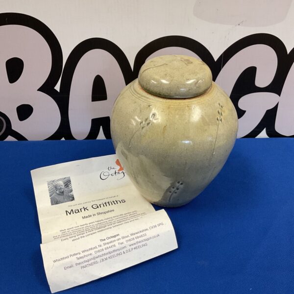 Mark Griffiths pottery jar with lid and card.
