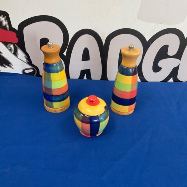 Vibrant Martin Gullier salt and pepper mills with mustard pot.