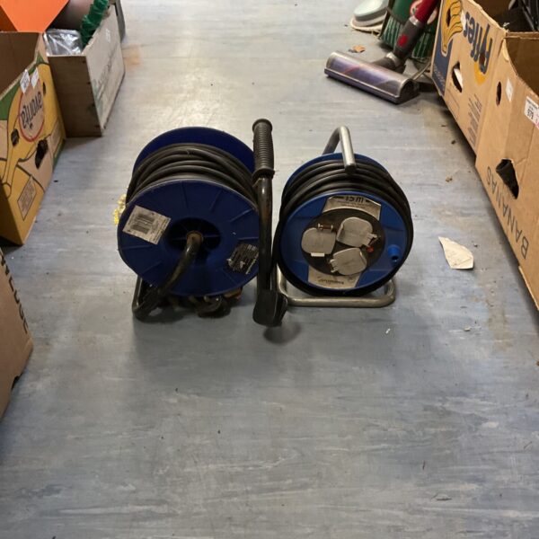 Blue Masterplug cable reel with cable wound around it.