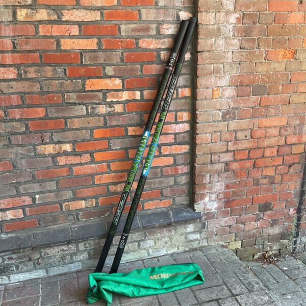 Two Maver Moby Dick fishing poles, 10.8m and 12.5m, displayed for sale.