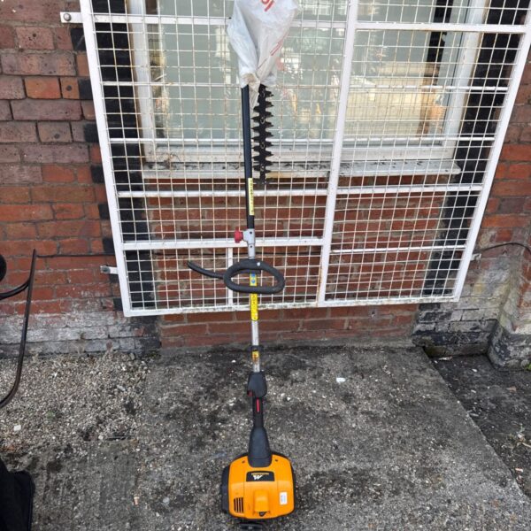 McCulloch petrol pole hedge cutter with long reach pole and cutting blade.