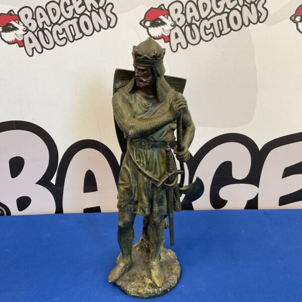 Vintage medieval knight spelter statue, early 20th century French collectible.