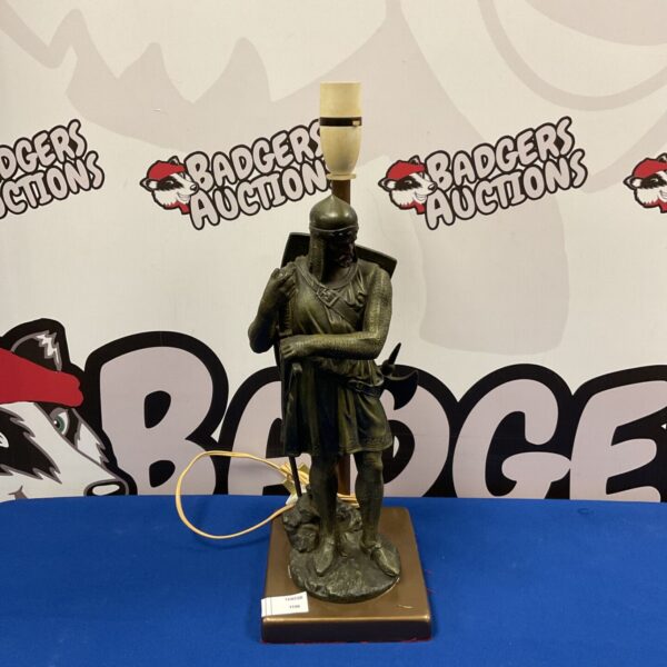 Vintage medieval knight table lamp in spelter, a unique antique lighting piece.