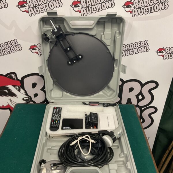 Megasat camping satellite system with dish and remote control.