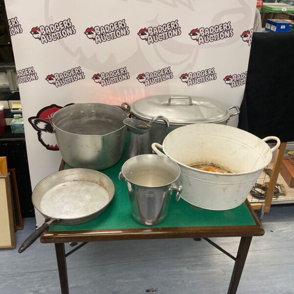 Assortment of vintage metal buckets, including a silver plate ice bucket.