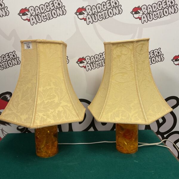 Pair of vintage mid-century shattaline table lamps with amber bases.