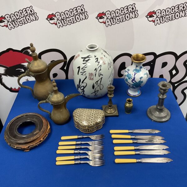 Middle Eastern coffee pots, silver plate cutlery, and Chinese vases lot.