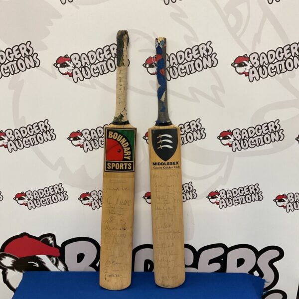 Signed Middlesex and Leicestershire county cricket bats for collectors.