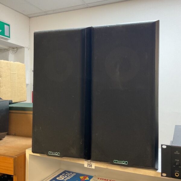 Pair of vintage Mission 701 bookshelf speakers in black.