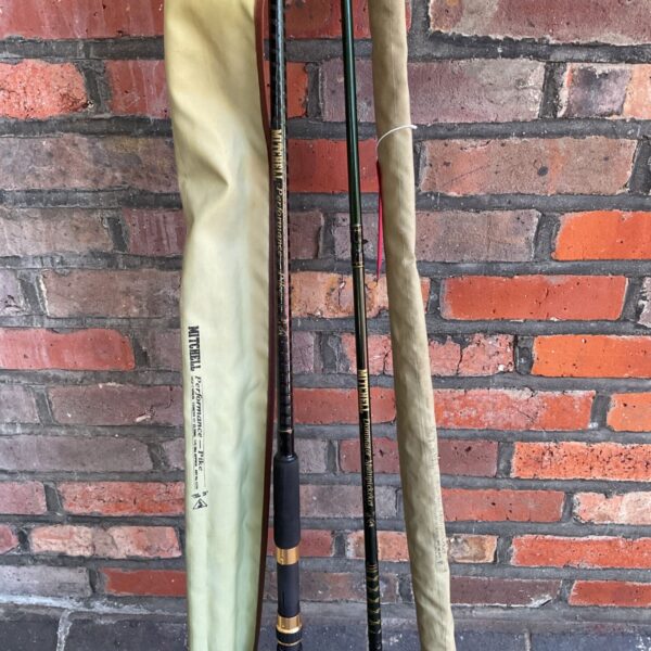 Vintage Mitchell Performance Pike fishing rod in green and gold.