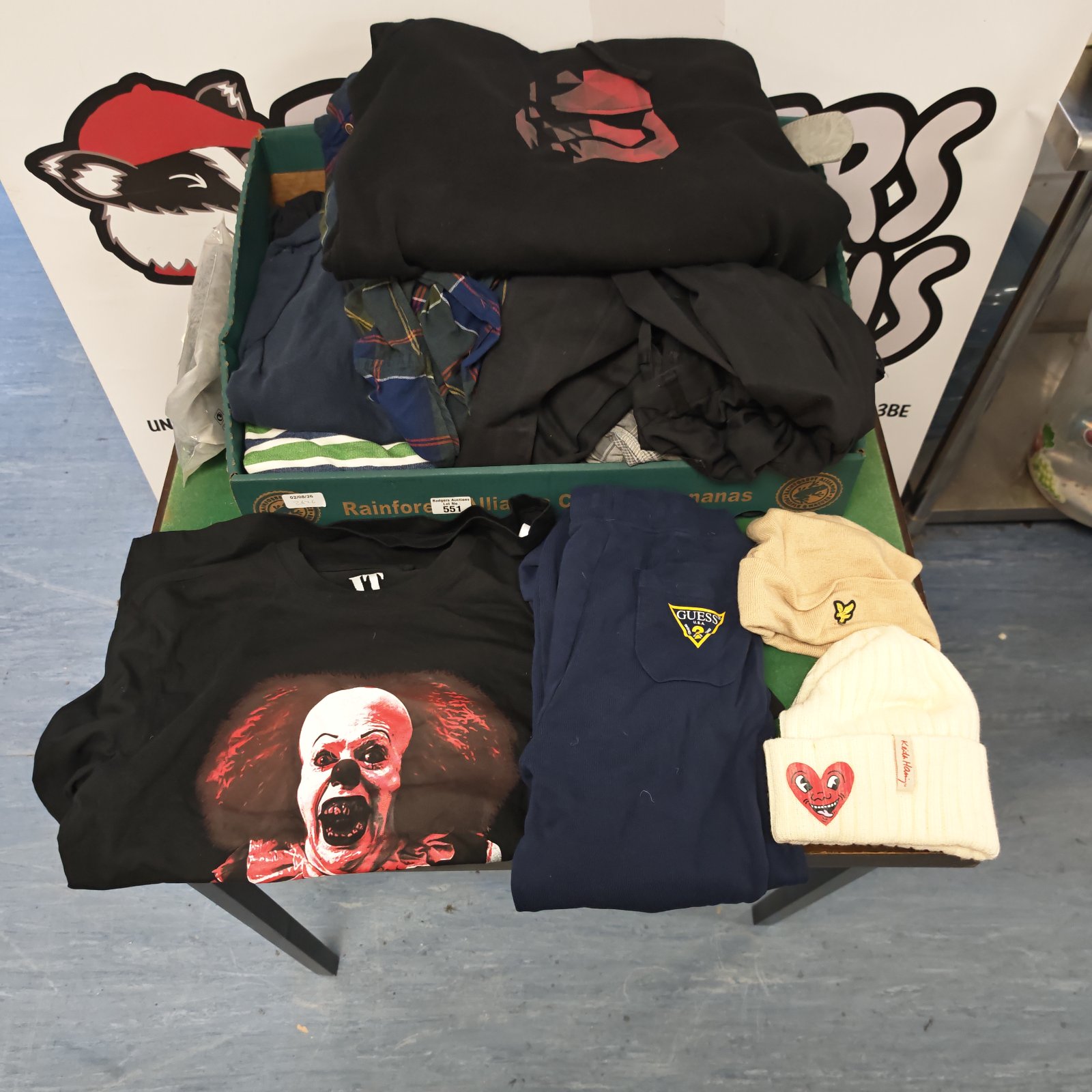 Mixed clothing lot with Guess tracksuit and Star Wars jumper.