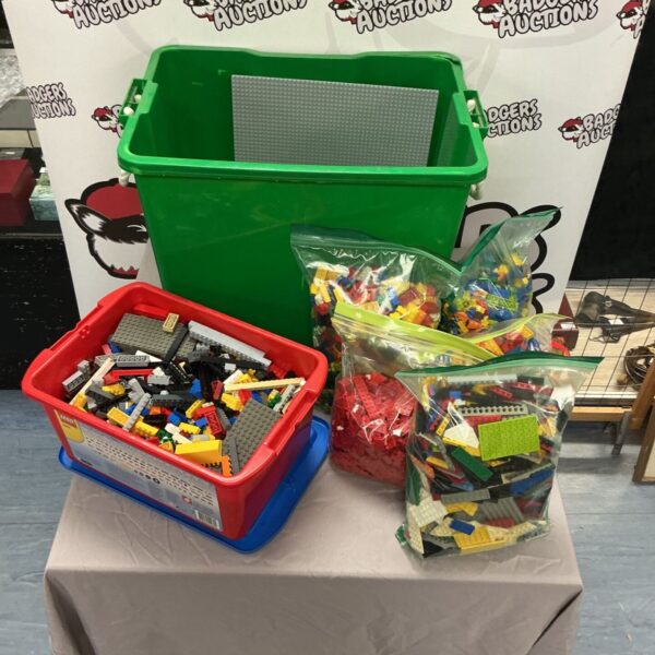 Large mixed Lego lot in a green storage box.