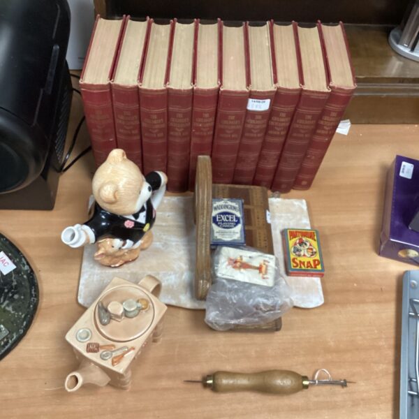 Mixed lot of vintage collectibles including books and a teddy teapot.