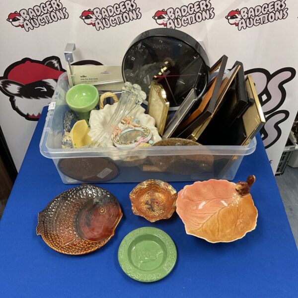 Tray of mixed vintage collectibles including Royal Winton bowl.