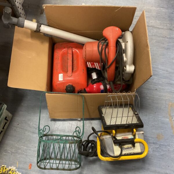 Mixed tool lot including a site light, fire extinguisher, and disc cutter.