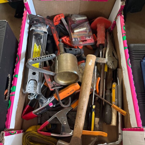 Mixed tool lot featuring a vintage brass blowtorch and various hand tools.