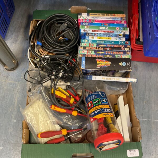 Mixed tool lot featuring a screwdriver set and electrical cable.