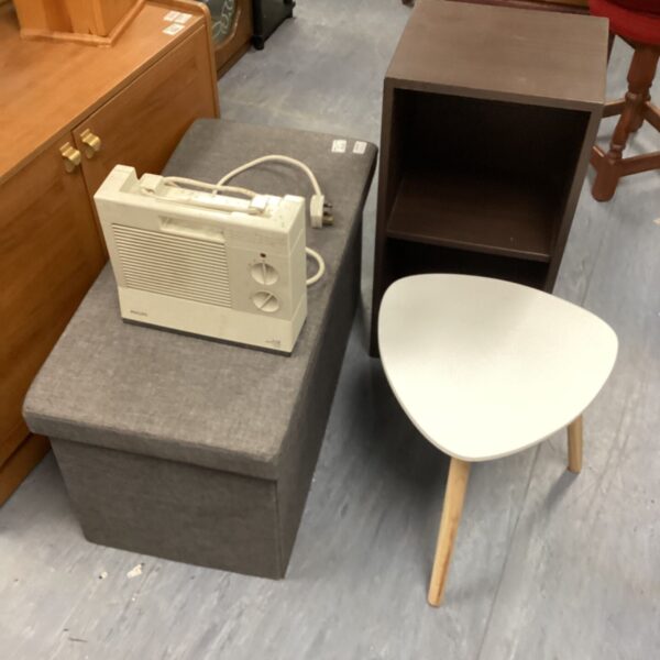 Modern furniture lot including storage bench, side table and shelving unit.