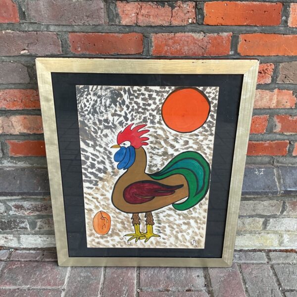 Signed modernist watercolour painting of a colourful cockerel.