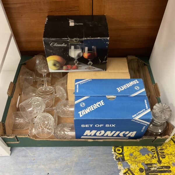 Vintage Monica wine glass and decanter set in original box.