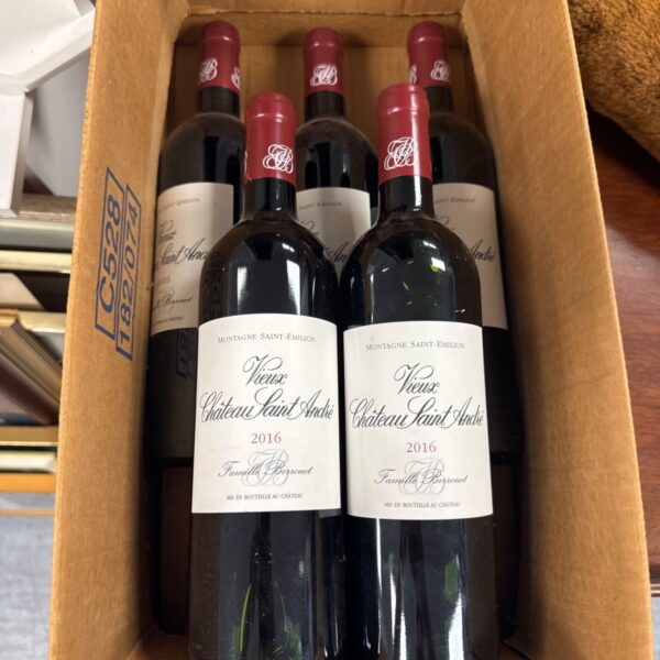 Five bottles of 2016 Montagne Saint-Emilion Vieux Chateau Saint Andre red wine.