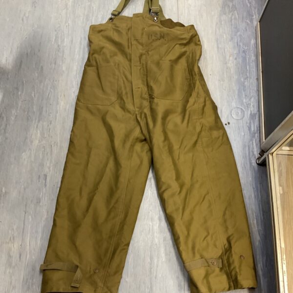 Vintage style WWII US Navy deck bib overalls, reproduction workwear.