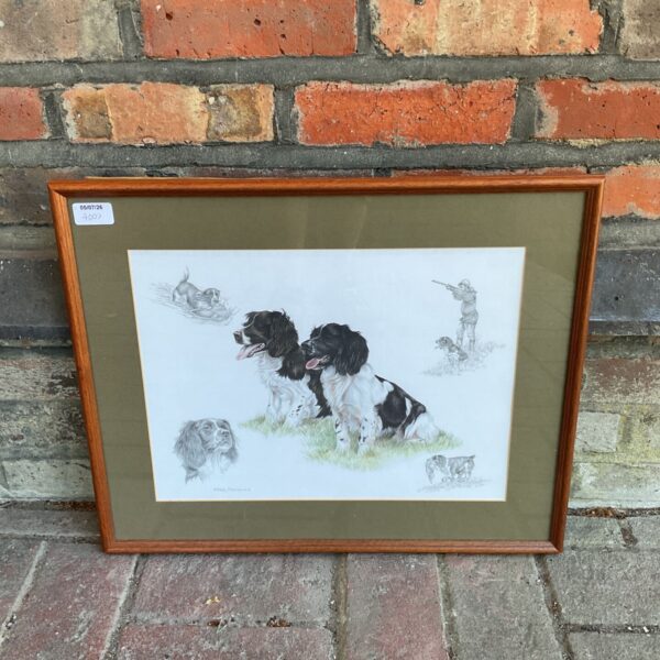 Framed Nigel Hemming print of Springer Spaniel dogs in a field.