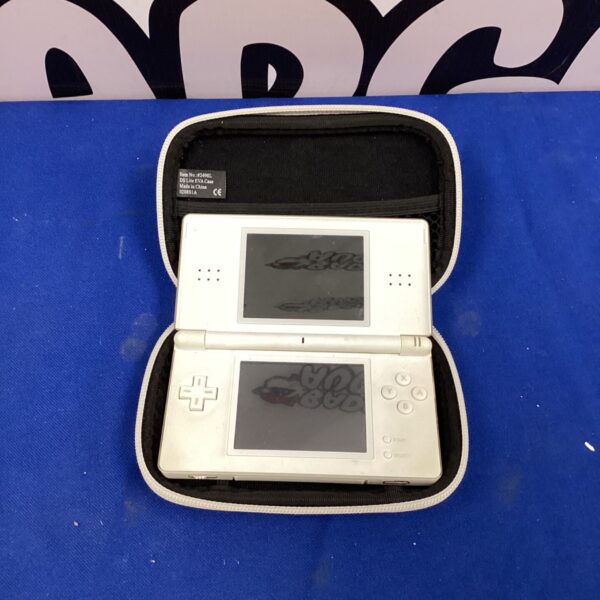 Silver Nintendo DS Lite handheld gaming console, front view.