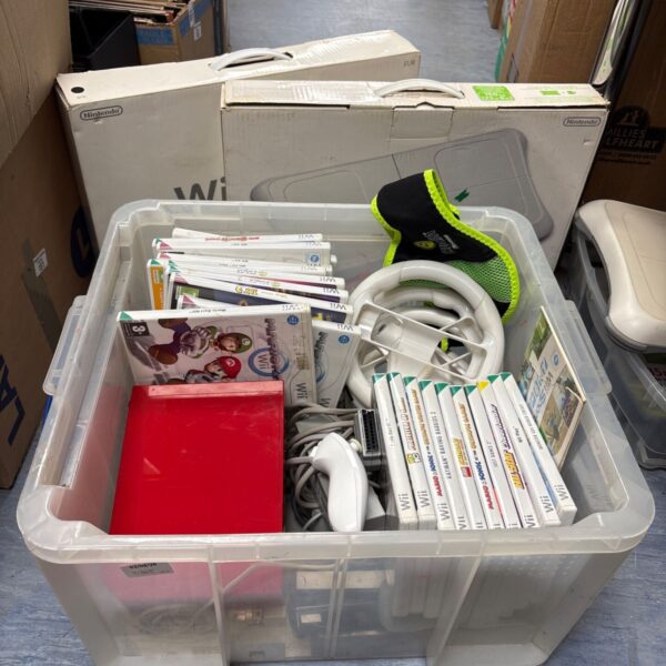 Nintendo Wii bundle with consoles, games and accessories in a plastic container.