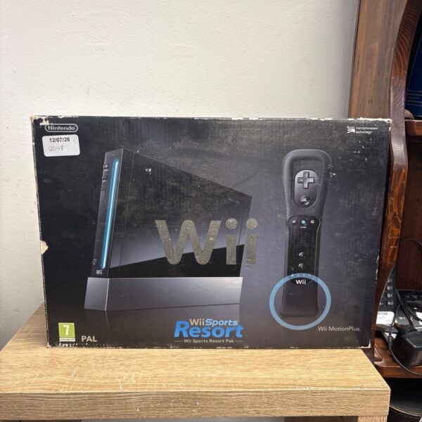 Black Nintendo Wii Sports Resort console in original box.