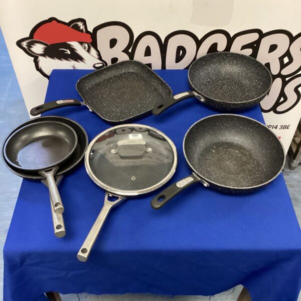 Six non-stick frying pans, including Ninja and Never Stick brands.