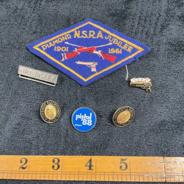 Vintage N.R.S.A. Jubilee patch and pin badges from 1901, shooting collectibles.