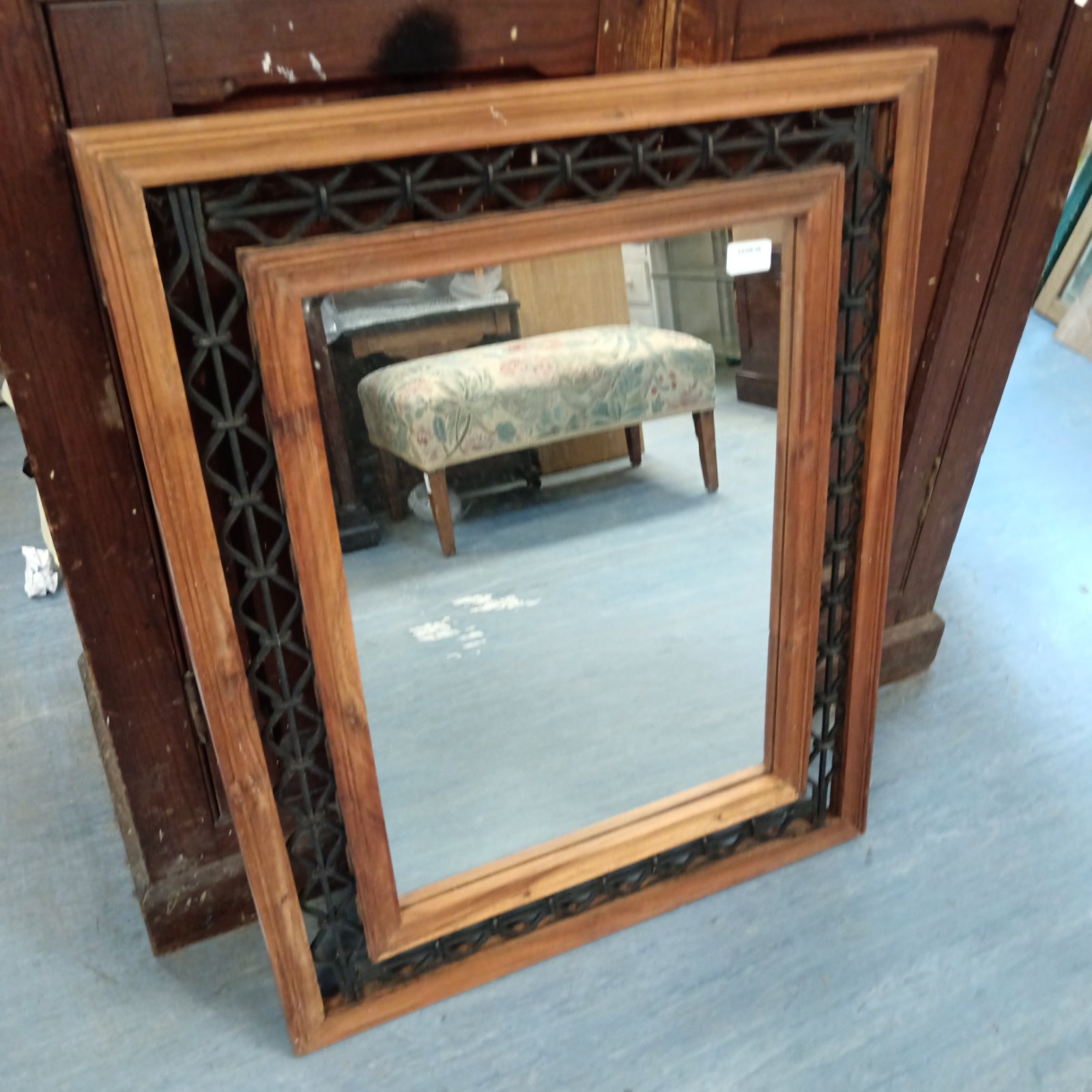 Antique oak and iron lattice framed mirror, 77cm x 62cm.