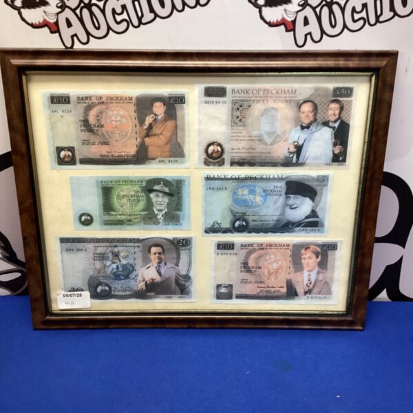 Framed Only Fools and Horses bank notes featuring Del Boy Trotter.