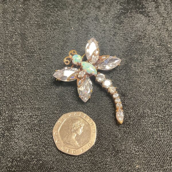 Vintage opal and crystal dragonfly brooch, detailed insect jewellery.