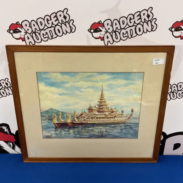 Signed watercolour painting of an ornate oriental royal boat.