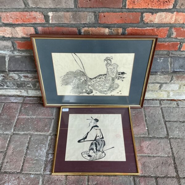 Antique Oriental watercolour and print set featuring a gentleman, warrior, and princess.