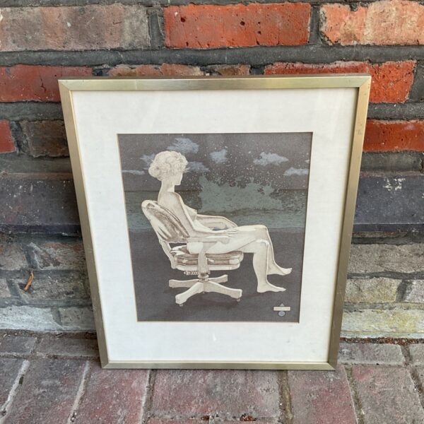 Owen 1973 aquatint depicting a nude female seated in an office chair.