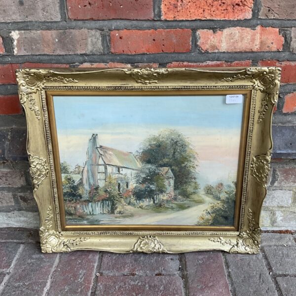 Vintage Pamela Coward oil painting of a Norfolk country cottage landscape.